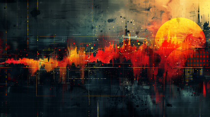 Fototapeta premium A painting of a city skyline with a red sun in the background