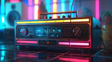 Vintage Tunes: Old-School Radio in a Neon-Lit Room