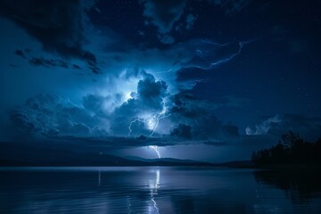 Intense lightning at night, above water.