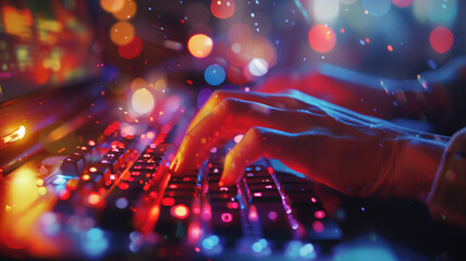 A person is typing on a keyboard with a red and blue background