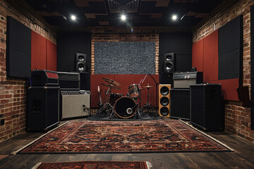 Music rehearsal room with drum kit and musical instruments and equipment - obrazy, fototapety, plakaty