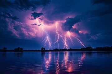 Naklejka na ściany i meble Intense lightning at night, above water.
