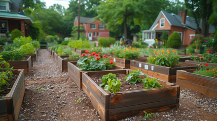 A row of wooden planters with flowers and vegetables in them