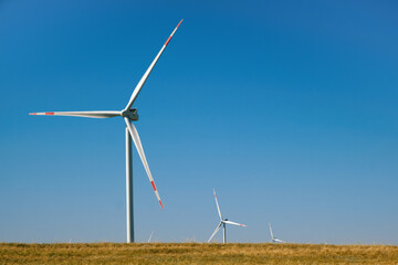 Wind turbines in the field against a blue sky in summer.