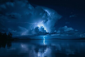 Intense lightning at night, above water.