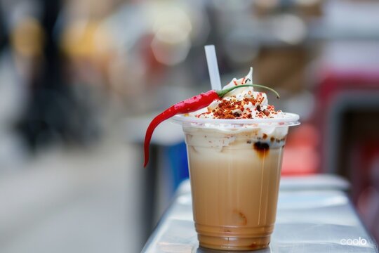 A close-up image of a cup of iced coffee topped with whipped creamm chili flakes and a single red chili. The chili adds a spicy kick to the cold coffee latte.