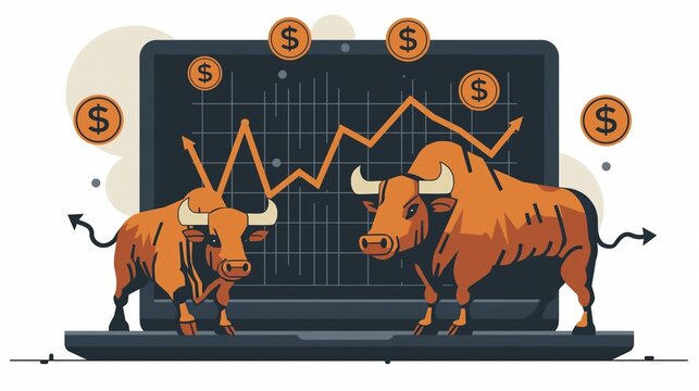 Bull market illustration on a computer screen with financial charts, trading trend, business cartoon isolated on white