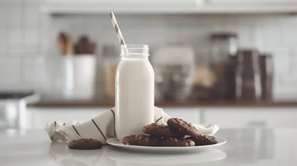 Foto auf Acrylglas A glass of milk with straw is on a plate next to a plate of cookies © lanters_fla