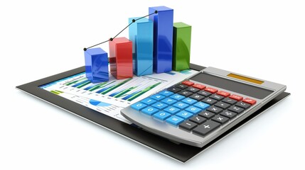 Obraz na płótnie Canvas Financial charts, calculator and tablet isolated on a white background 3d illustration, financial accounting business