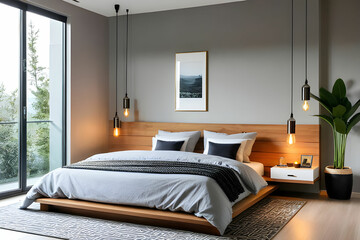 Interior of modern bedroom with cozy double bed.