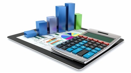 Financial charts, calculator and tablet isolated on a white background 3d illustration, financial accounting business