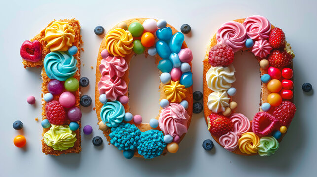 Colorful cake in the shape of the number 100, top view, isolated.