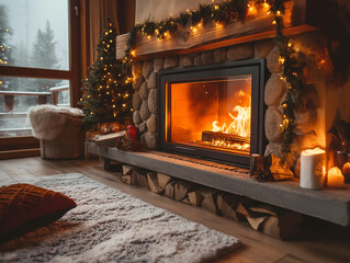 Christmas interior with fireplace and Christmas tree