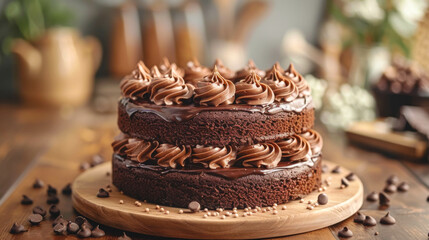 Chocolate sponge cake on a blurred background in the kitchen. - obrazy, fototapety, plakaty