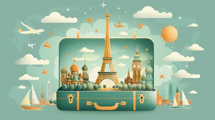 Open suitcase with landmarks travel cartoon illustration, Eiffel tower, France, Paris, Europe - obrazy, fototapety, plakaty