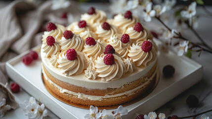 Close-up, cake decorated with cream and fresh berries.