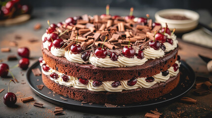 Black forest cake, dark chocolate and cherry dessert.
