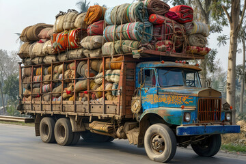 Old retro overloaded truck on the road