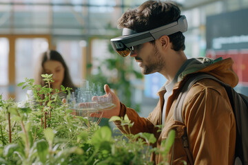 Man using augmented reality headset to interact with virtual data in a botanical environment. Technology and nature integration concept with copy space