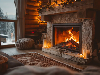 A warm cozy fireplace on a winter evening with real wood burning