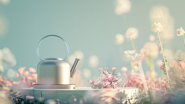 a product podium adorned with a delicate metallic kettle inspired by Dieter Rams, set amidst a garden scene with soft pastel colors and a blurred bokeh background.