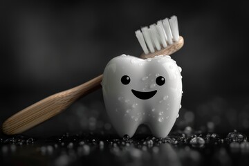 Cute cartoon tooth with smile and eyes holds toothbrush. Generative AI - obrazy, fototapety, plakaty