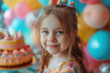 Little girl with birthday cake on background of balloons
