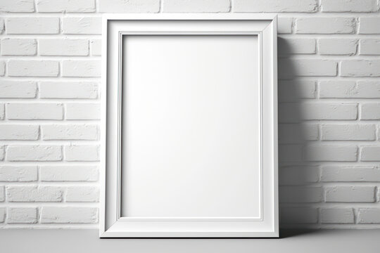 A minimal white frame mockup on a white brick wall.