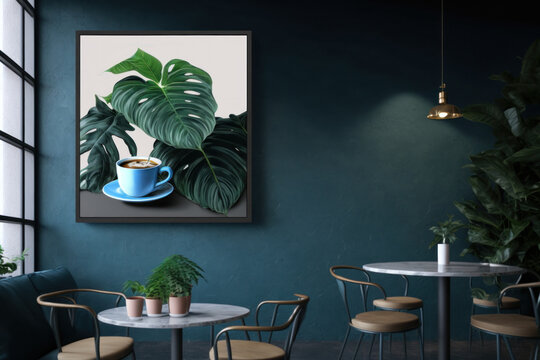 A painting of a cup of coffee on a saucer, next to a potted plant. The painting is in a dark green frame, and is hanging on a dark green wall.