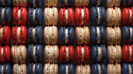 Colors of French flag dessert macaroon red blue and white, sports abstract background. Generative AI