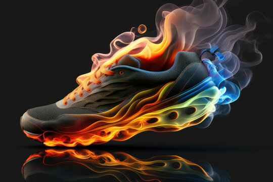 The image shows a running shoe with flames coming out of it. The flames are red, orange, yellow, and blue. The shoe is black with blue and orange laces. The background is black.