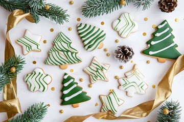 Cookies with Christmas shapes painted with white and green icing on white table with gold ribbon and decoration pine branches. Top view. Horizontal composition. - Powered by Adobe