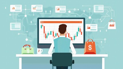 A trader looking at stocks market trading graph chart on a computer screen.  Technical analysis candlestick chart. Global stock exchanges. Trading strategy illustration in flat style