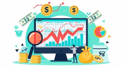 A trader looking at stocks market trading graph chart on a computer screen.  Technical analysis candlestick chart. Global stock exchanges. Trading strategy illustration in flat style