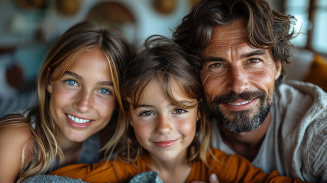 Beautiful small family photo with mom dad and a little girl looking at the camera with cute happy smile  