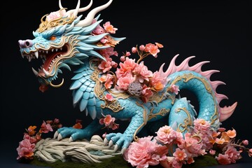 a blue dragon with pink flowers - obrazy, fototapety, plakaty