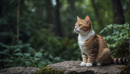 Fototapeta premium A beautiful cat is sitting on a rock in the forest