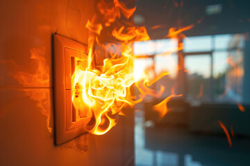 Burning electrical socket on the wall - obrazy, fototapety, plakaty