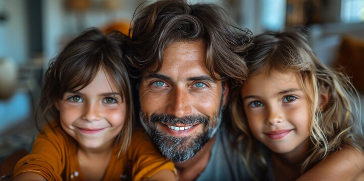 Beautiful small family photo with dad and two little kids looking at the camera with cute happy smile  