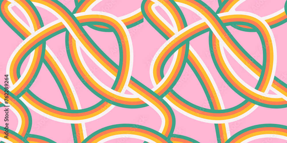 Poster groovy tangled loops seamless pattern. psychedelic curved vector background in 1970s hippie retro st