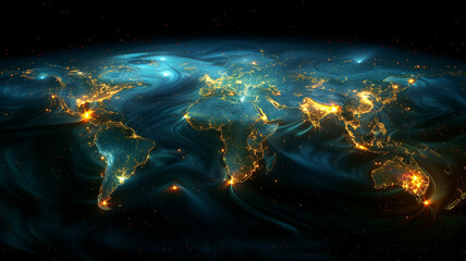 A blue and white image of the world with lights on it - obrazy, fototapety, plakaty
