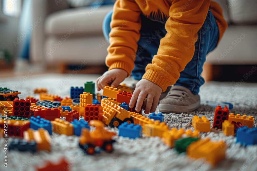 Poster child playing with colorful toy blocks constructor