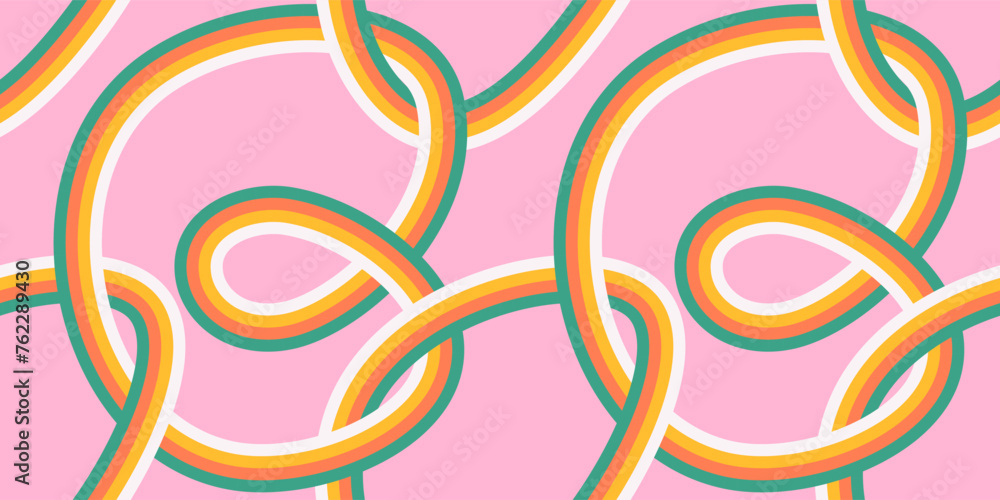 Poster 70s seamless pattern with geometric tangled loops. retro colorful line rainbow seamless background i