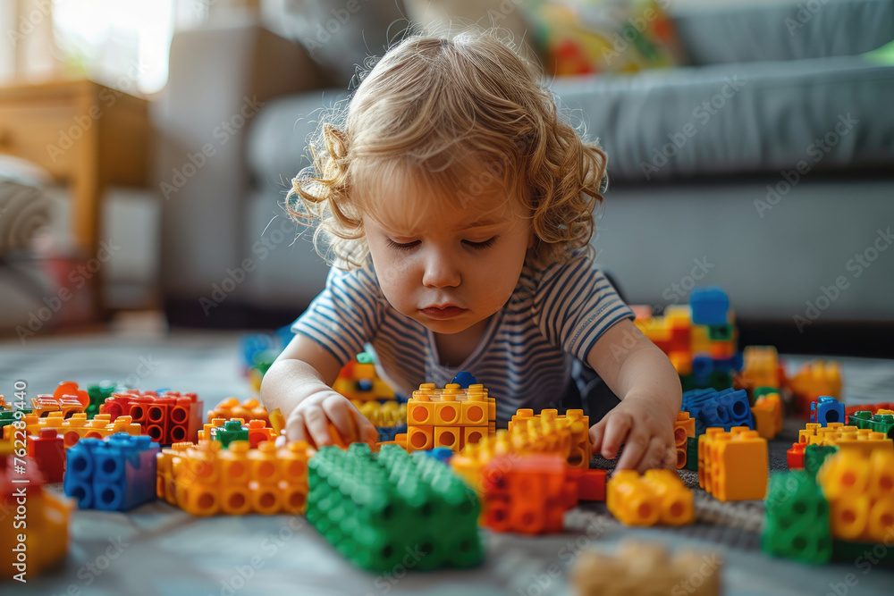 Poster child playing with colorful toy blocks constructor