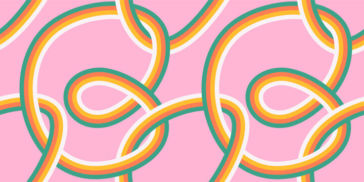 70s seamless pattern with geometric Tangled loops. Retro colorful line rainbow seamless background in seventies style. Groovy scrapbook paper backdrop. Pastel vintage colors vector illustration.
