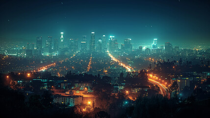 A city at night with a bright sky and a bright city skyline - obrazy, fototapety, plakaty