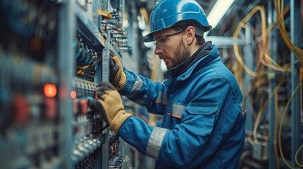 
An engineer in electric blue workwear and safety gloves using to work on an electrical box, handling wires and metal components with precision - obrazy, fototapety, plakaty