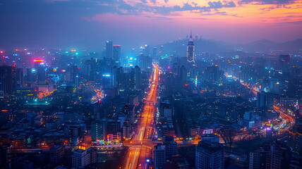 Fototapeta premium A city at night with a lot of lights and buildings