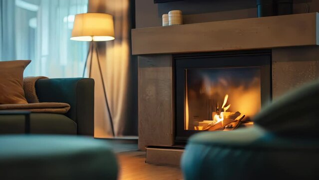 Fireplace in the living room with blue armchair and pillows