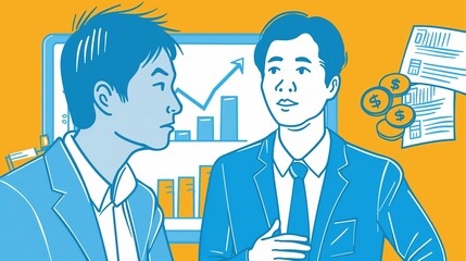 Fototapeta premium Two men with a trading economy statistics chart levels grow market analysis, trend finding, success or business investment, cartoon illustration, teaching and learning, explaining, master class course